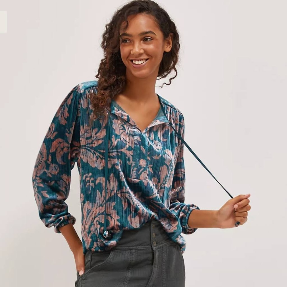 Anthropologie Teal & Mauve Floral Motif Blouse